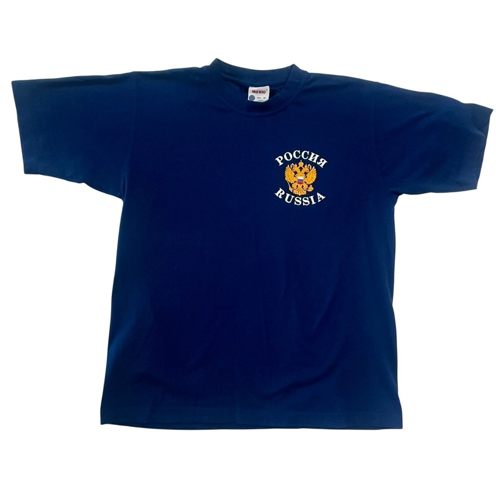 Novic Russia T-Shirt Navy Blue Embroidered Double Headed Eagle Crest Size M